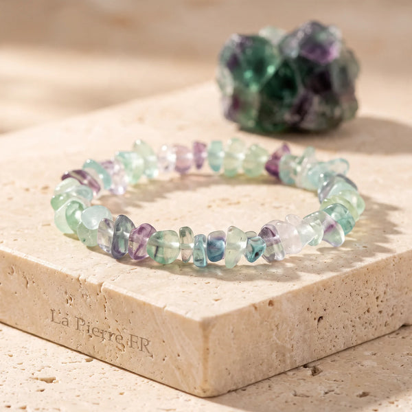 Bracelet en fluorine multicolore, pépites translucides vertes et violettes, lithothérapie