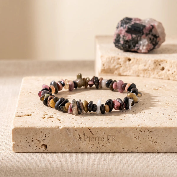 Bracelet en tourmaline multicolore, pépites noires, roses et vertes, idée cadeau