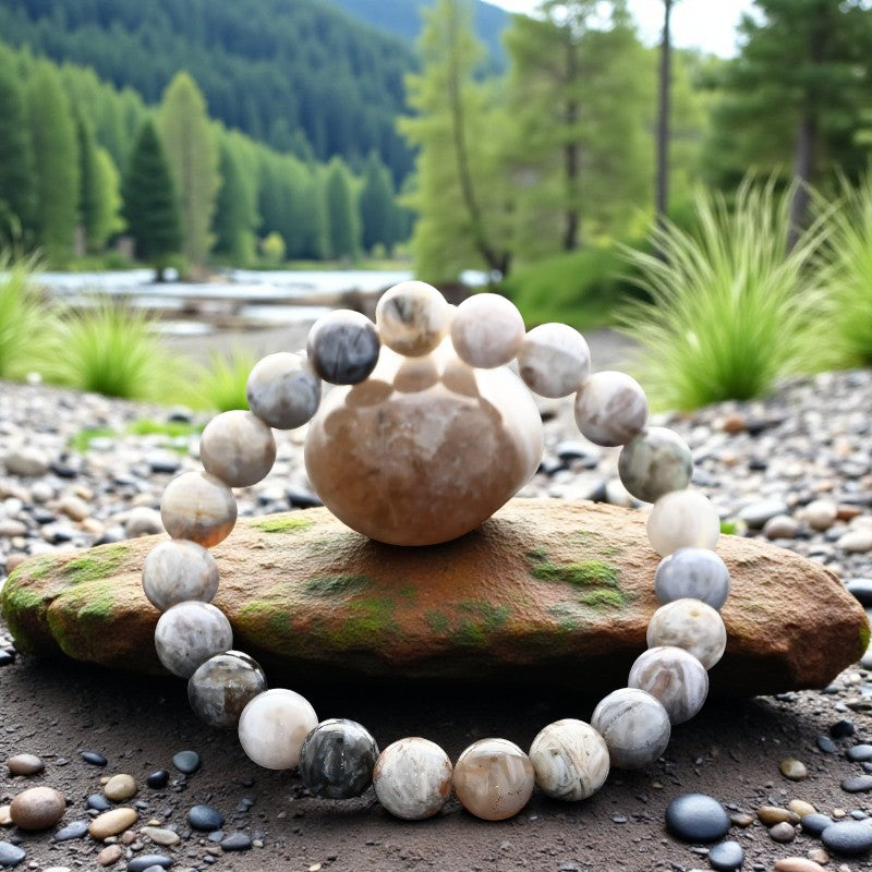 Bracelet en pierre naturelle Agate bambou avec perles rondes en lithothérapie