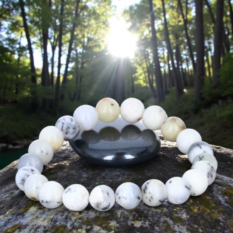 Bracelet en pierre naturelle Agate dendrite avec perles rondes en lithothérapie