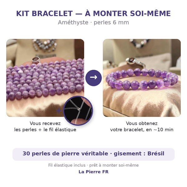 Kit bracelet en améthyste à faire soi-même : perles naturelles 6 mm et fil élastique inclus