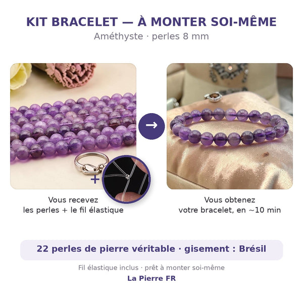 Kit bracelet en améthyste à faire soi-même : perles naturelles 8 mm et fil élastique inclus
