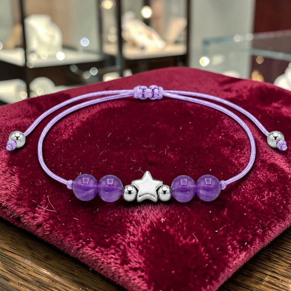 Bracelet pierre naturelle améthyste femme ÉTOILE®, perles 6 mm sur cordon violet coulissant et étoile argentée