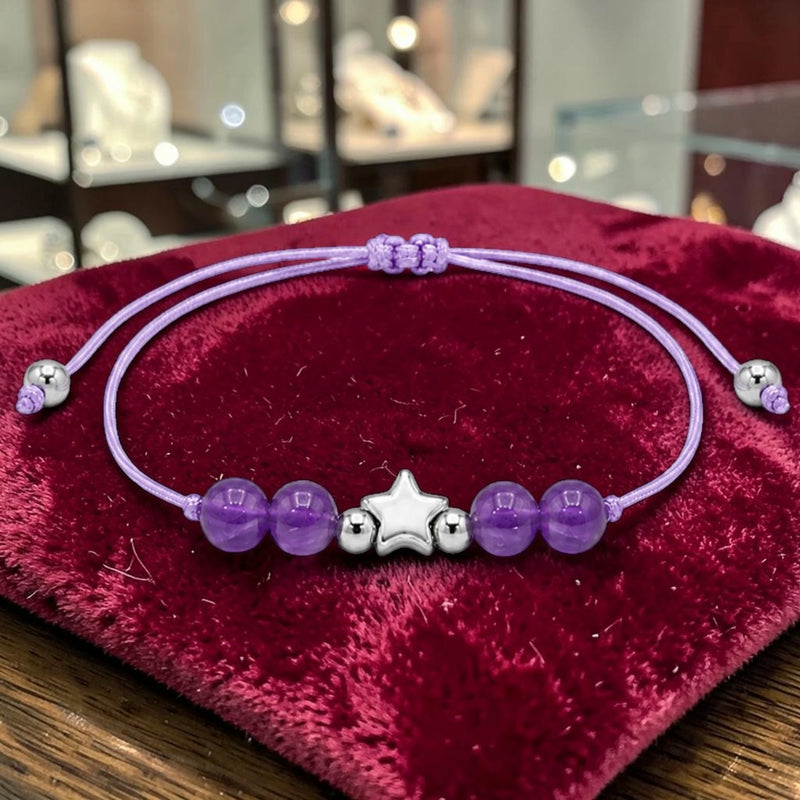 Bracelet cordon en Améthyste ÉTOILE®, perles 6 mm et étoile argentée