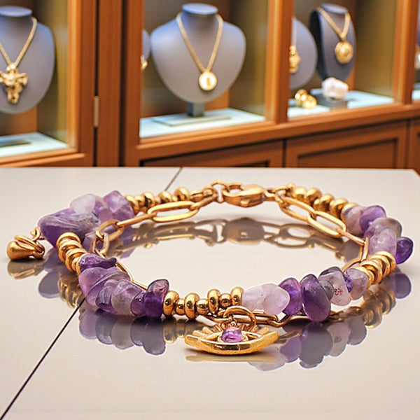 Bracelet pierre naturelle améthyste mauvais œil OCULUS®, double rang doré avec pierres chips et breloque œil
