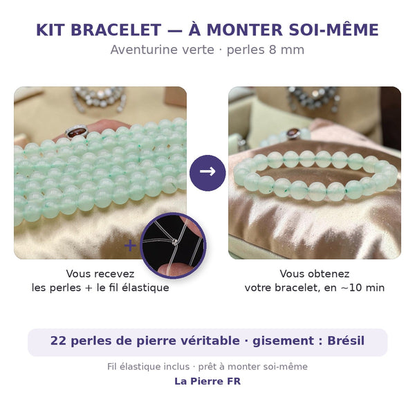 Kit bracelet en aventurine verte à faire soi-même : perles naturelles 8 mm et fil élastique inclus