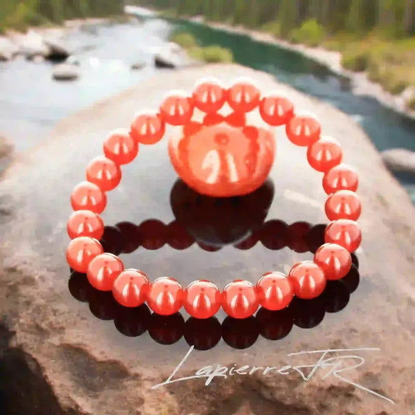 Bracelet pierre naturelle véritable Cornaline orange-rouge, perles rondes pour lithothérapie, vitalité, créativité et confiance.