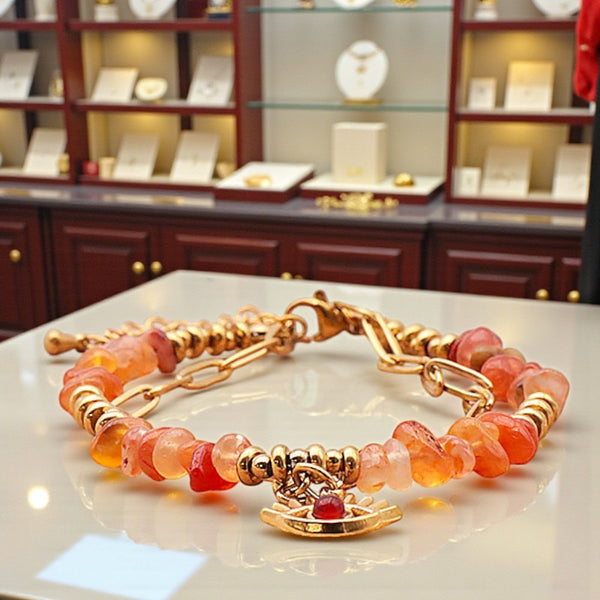 Bracelet pierre naturelle cornaline mauvais œil OCULUS®, double rang doré avec pierres chips et breloque œil