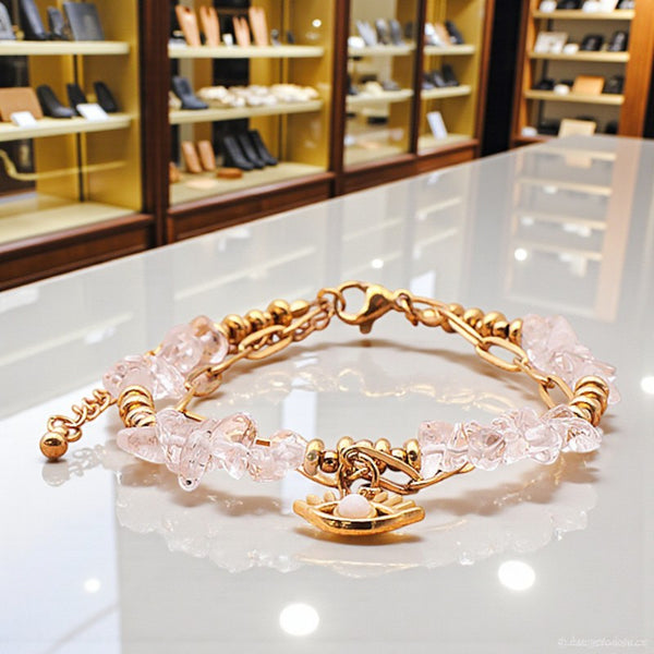Bracelet pierre naturelle cristal de roche mauvais œil OCULUS®, double rang doré avec pierres chips et breloque œil