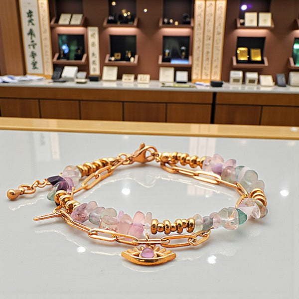 Bracelet pierre naturelle fluorine mauvais œil OCULUS®, double rang doré avec pierres chips et breloque œil