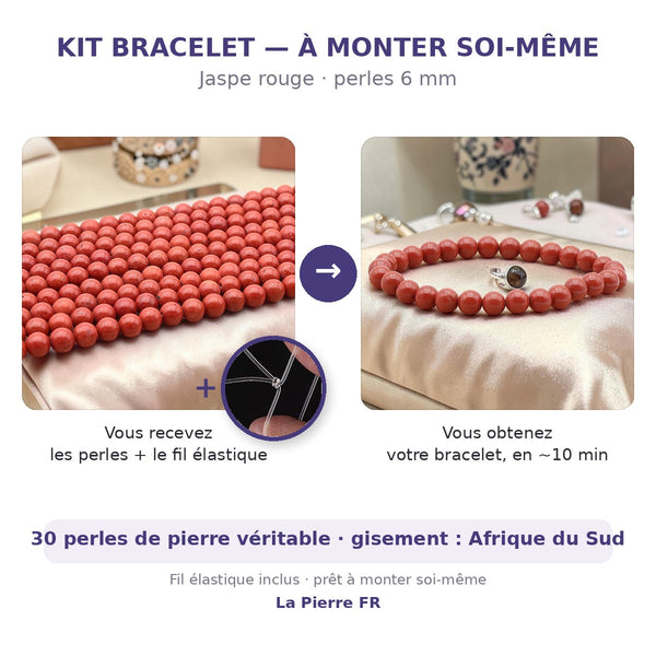 Kit bracelet en jaspe rouge à faire soi-même : perles naturelles 6 mm et fil élastique inclus