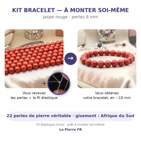 Kit bracelet en jaspe rouge à faire soi-même : perles naturelles 8 mm et fil élastique inclus