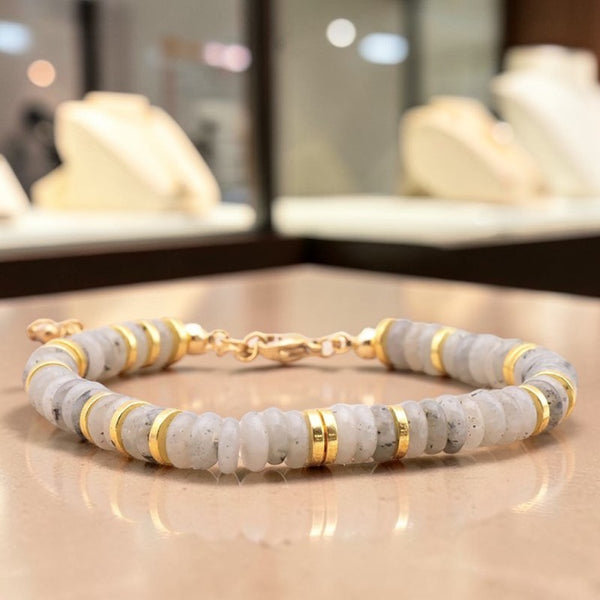 Bracelet pierre naturelle labradorite DISQUE®, perles plates 6 mm et disques en acier doré sur chaînette