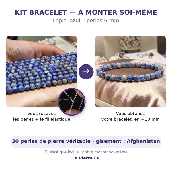 Kit bracelet en lapis-lazuli à faire soi-même : perles naturelles 6 mm et fil élastique inclus