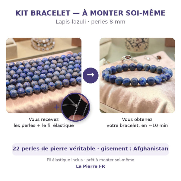 Kit bracelet en lapis-lazuli à faire soi-même : perles naturelles 8 mm et fil élastique inclus