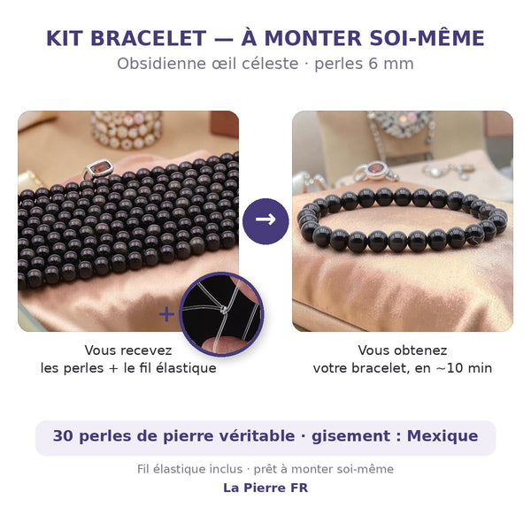 Kit bracelet en obsidienne œil céleste à faire soi-même : perles naturelles 6 mm et fil élastique inclus