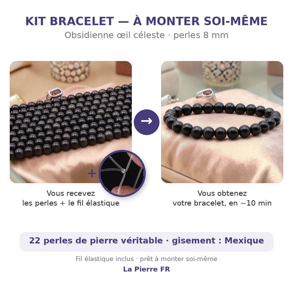 Kit bracelet en obsidienne œil céleste à faire soi-même : perles naturelles 8 mm et fil élastique inclus