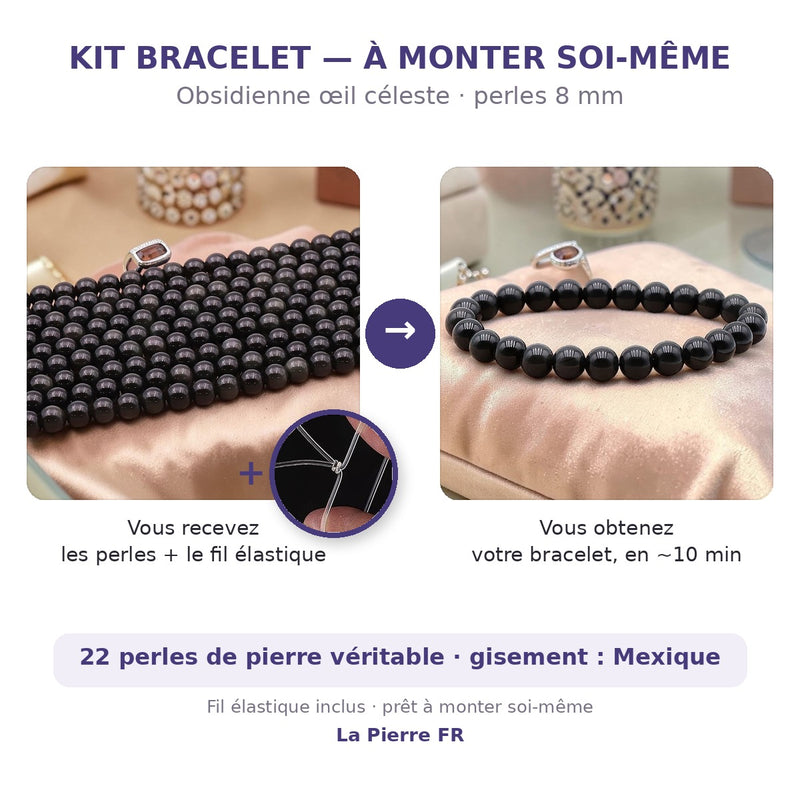 Kit bracelet en pierre obsidienne œil céleste 8 mm