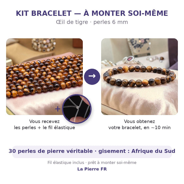 Kit bracelet en œil de tigre à faire soi-même : perles naturelles 6 mm et fil élastique inclus