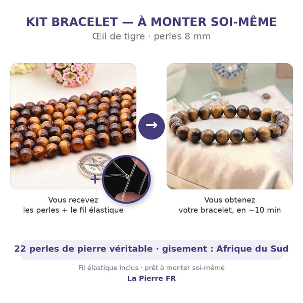 Kit bracelet en œil de tigre à faire soi-même : perles naturelles 8 mm et fil élastique inclus