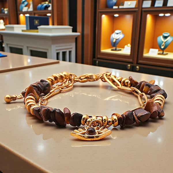 Bracelet pierre naturelle œil de tigre mauvais œil OCULUS®, double rang doré avec pierres chips et breloque œil