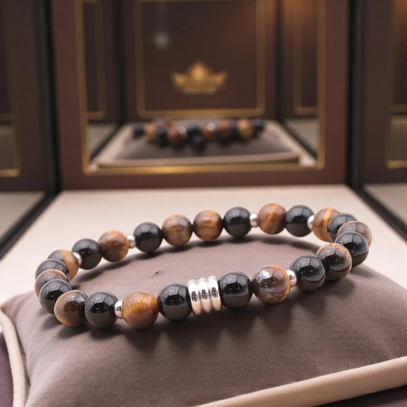 Bracelet de lithothérapie pour homme, en pierre d' Œil de Tigre & Onyx noir, confiance et énergie protectrice