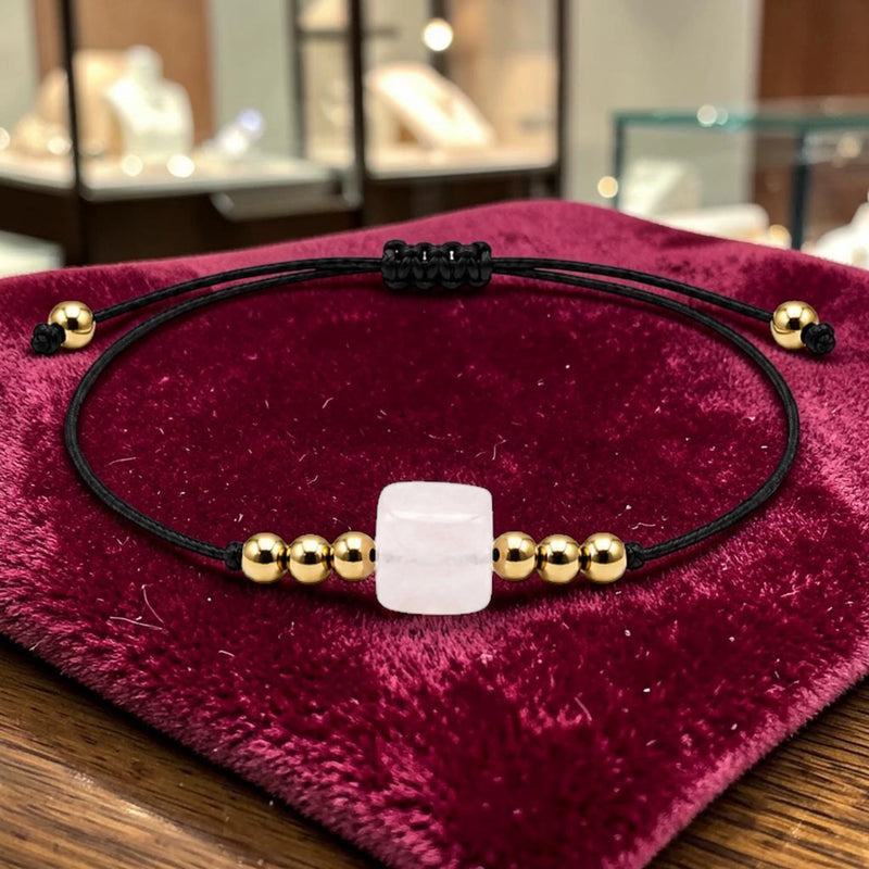 Bracelet cordon doré en Quartz rose CUBE®, pierre cube 8 mm