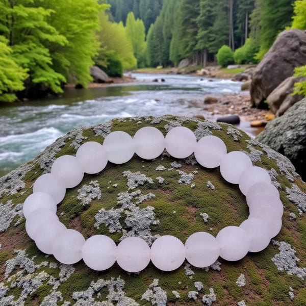 Bracelet en pierre naturelle Quartz rose dépoli avec perles rondes mates en lithothérapie