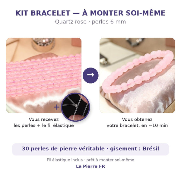 Kit bracelet en quartz rose à faire soi-même : perles naturelles 6 mm et fil élastique inclus