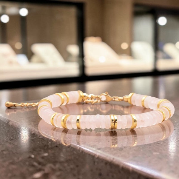 Bracelet pierre naturelle quartz rose DISQUE®, perles plates 6 mm et disques en acier doré sur chaînette