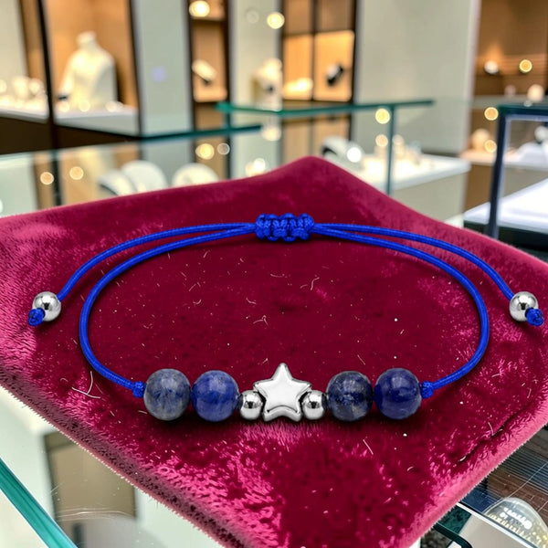 Bracelet pierre naturelle sodalite ÉTOILE®, perles 6 mm sur cordon bleu coulissant et étoile argentée