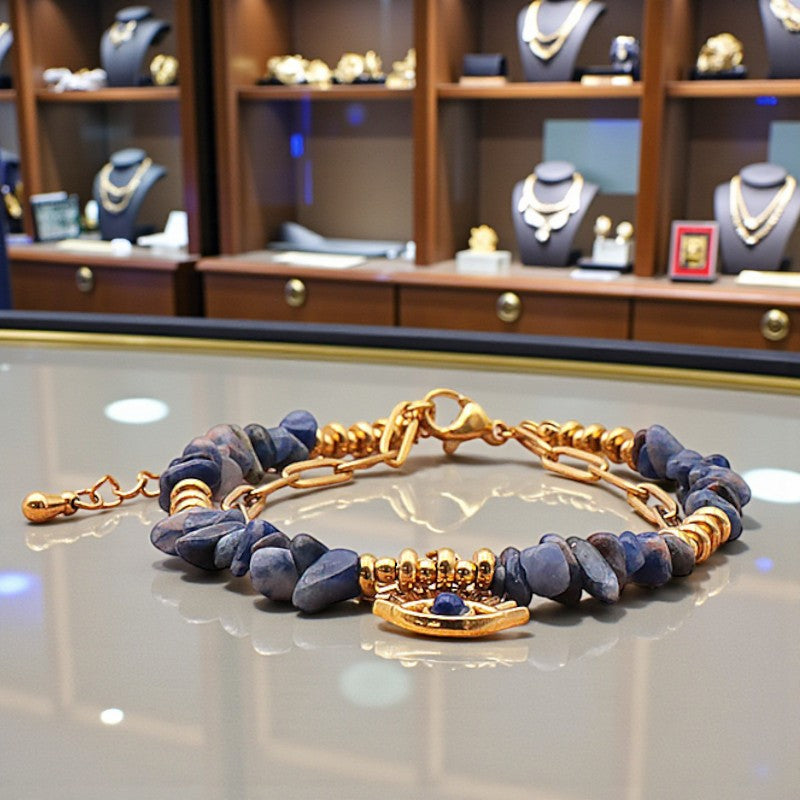 Bracelet mauvais œil en Sodalite OCULUS®, double rang doré