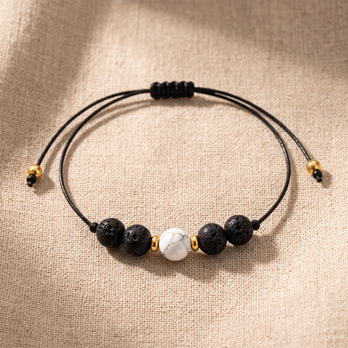 Bracelet Pierre de Lave et Howlite VOLCANA®, Coulissant Noir et Blanc