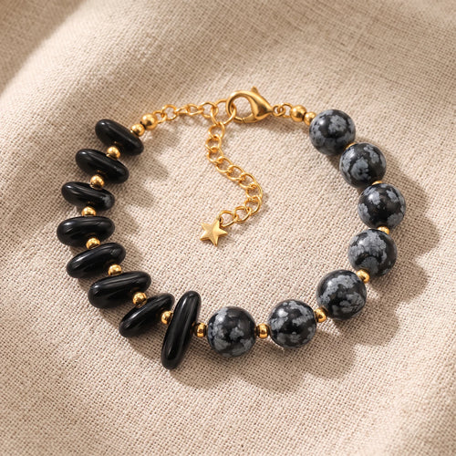 Bracelet Onyx et Obsidienne Flocon de Neige DUALIA®, Pierre Noire et Chaîne Dorée
