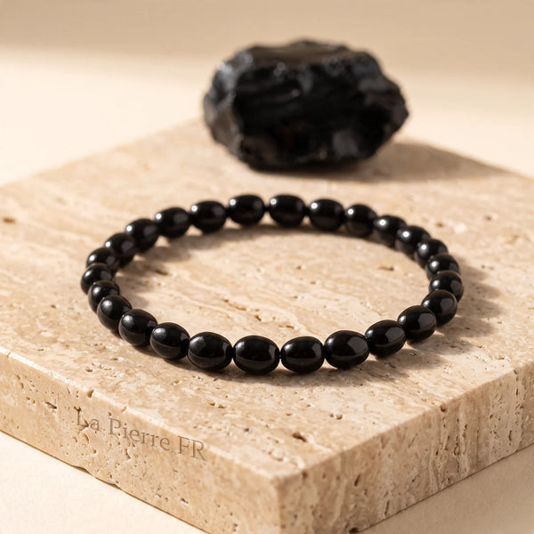 Bracelet homme en onyx noir, pierres roulées brillantes sur fil élastique, pierre naturelle