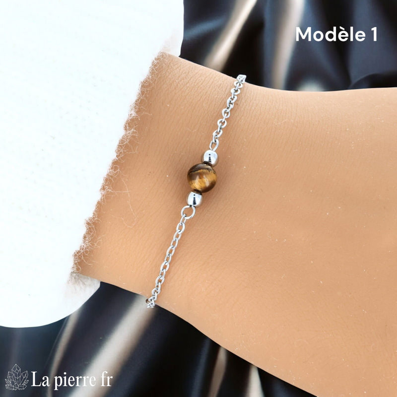 Bracelet œil de tigre modèle une perle de 6 mm sur chaîne fine argentée