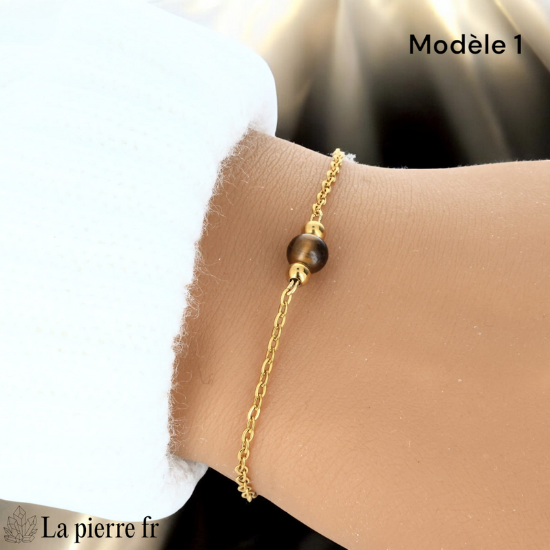 Bracelet œil de tigre modèle une perle de 6 mm sur chaîne fine dorée
