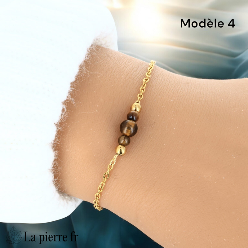 Bracelet œil de tigre perle centrale 6 mm encadrée de deux perles 4 mm