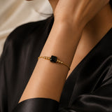Bracelet cordon doré en Onyx noir CUBE®, pierre cube 8 mm