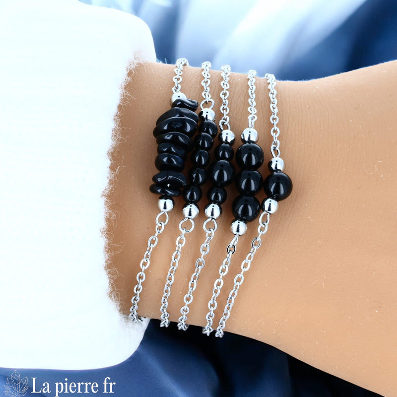 Bracelet en pierre Onyx Noir sur chaîne argentée