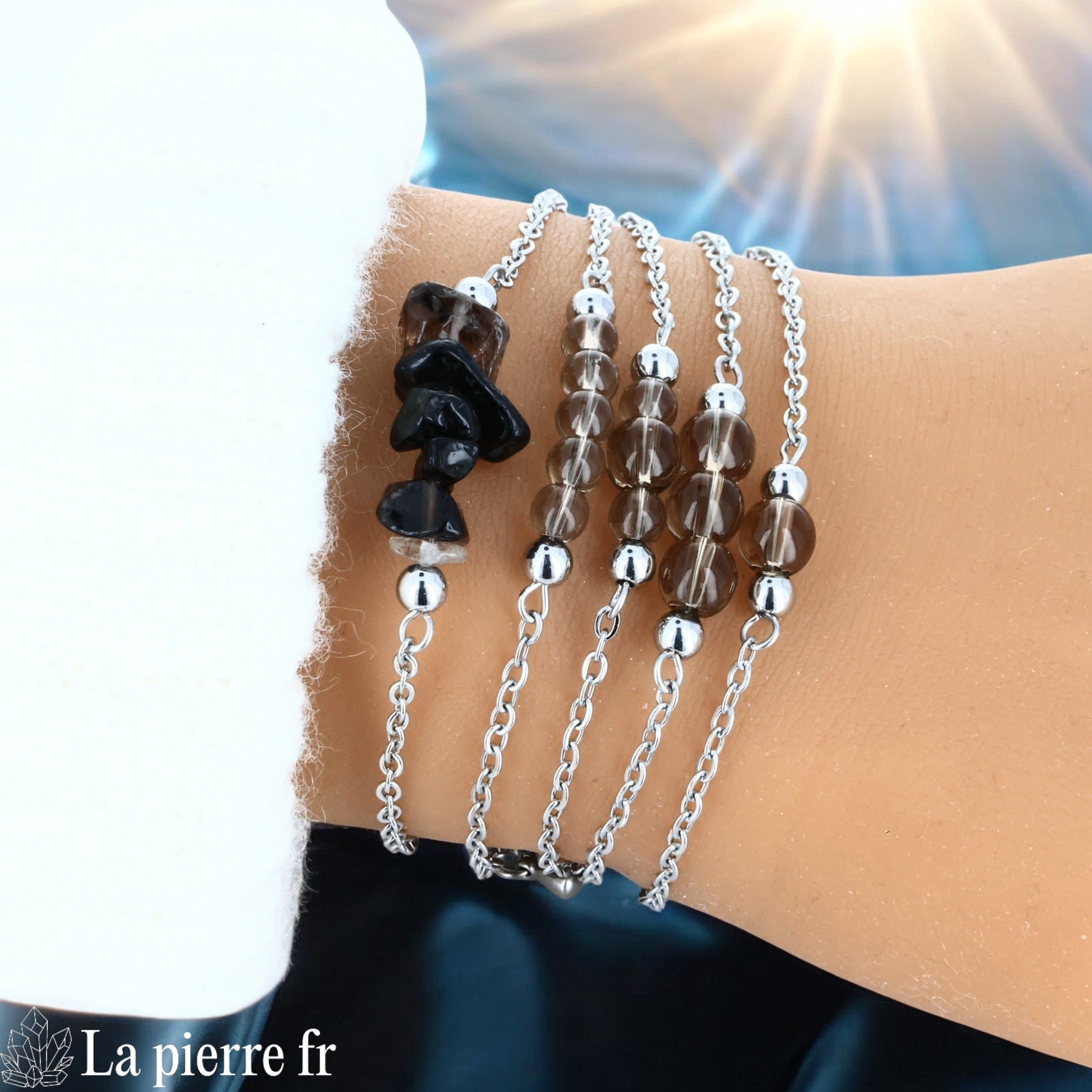 Bracelet en quartz fumé naturel sur chaîne argentée en acier inoxydable