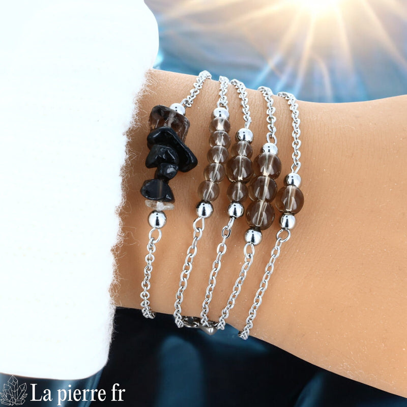 Bracelet Quartz Fumé Chaîne Argentée Acier Inoxydable