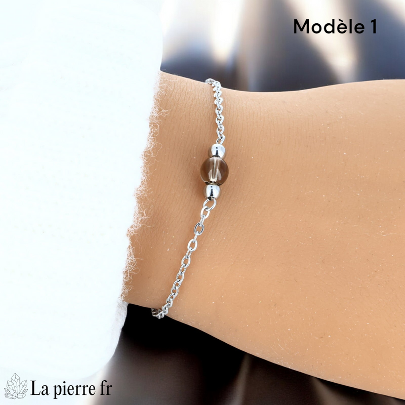 Bracelet quartz fumé modèle une perle de 6 mm sur chaîne fine argentée