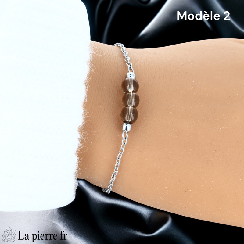 Bracelet quartz fumé modèle trois perles de 6 mm, chaîne argentée