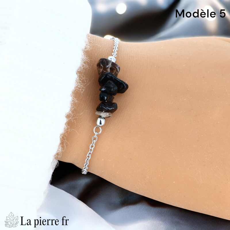 Bracelet quartz fumé brut d'environ 2 cm sur chaîne argentée