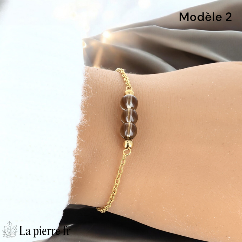 Bracelet quartz fumé modèle trois perles de 6 mm, chaîne dorée