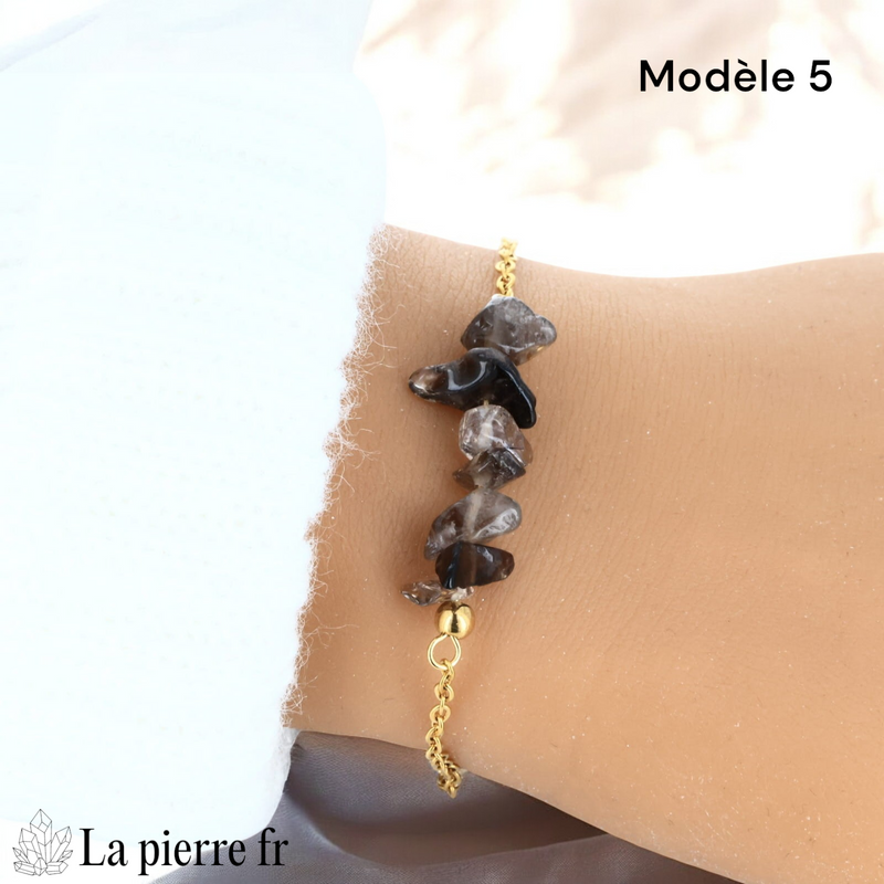 Bracelet quartz fumé brut d'environ 2 cm sur chaîne dorée