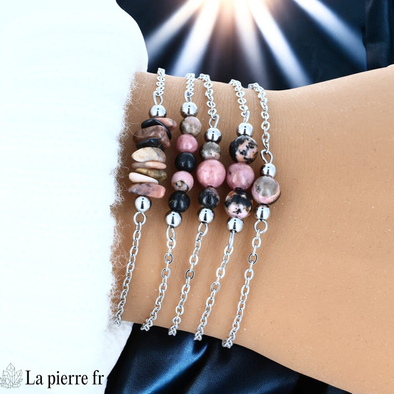 Bracelet en pierre Rhodonite sur chaîne argentée