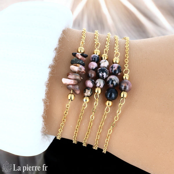 Bracelet en rhodonite naturelle sur chaîne dorée en acier inoxydable