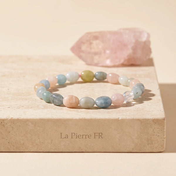 Bracelet en morganite rose pêche, pierres roulées de béryl aux tons pastel